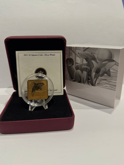 [AUCTION ONLY] 2011 $3 SQUARE SHAPED GOLD PLATED SILVER COIN - ORCA WHALE - WILDLIFE CONSERVATION