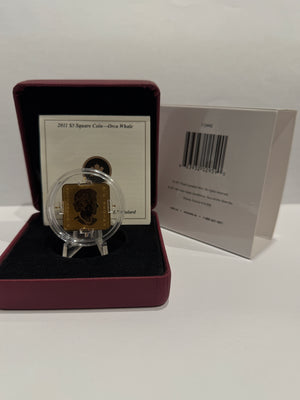 [AUCTION ONLY] 2011 $3 SQUARE SHAPED GOLD PLATED SILVER COIN - ORCA WHALE - WILDLIFE CONSERVATION