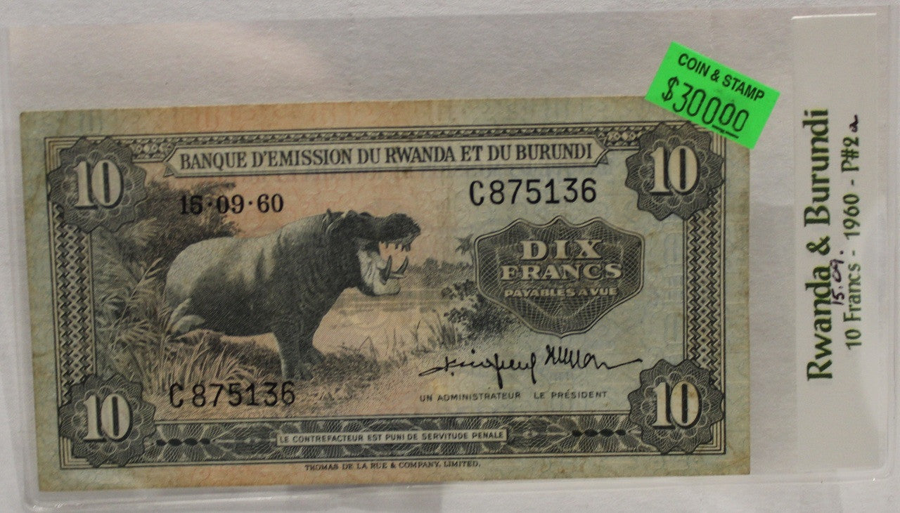 RWANDA & BURUNDI 10 FRANC BANKNOTE - DATED SEPT 15 1945 - P 2a
