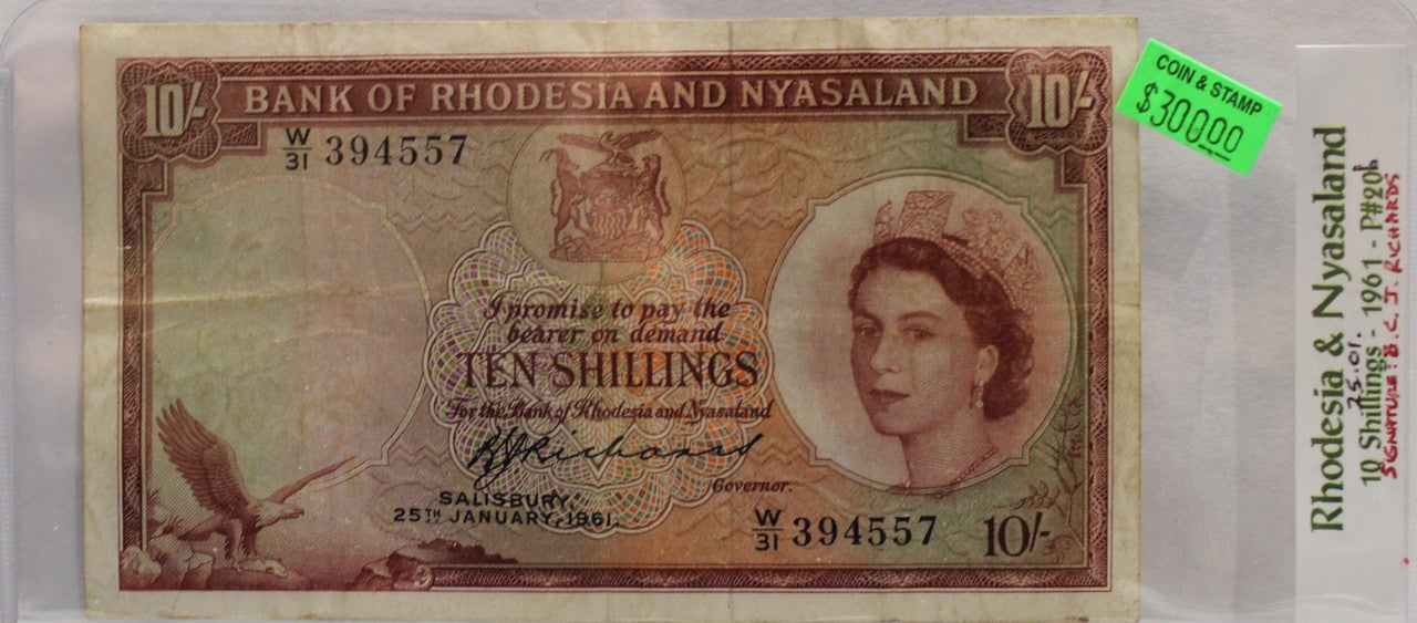 RHODESIA & NYASALAND TEN SHILLING BANKNOTE - DATED JAN 25 1961 - P 20b
