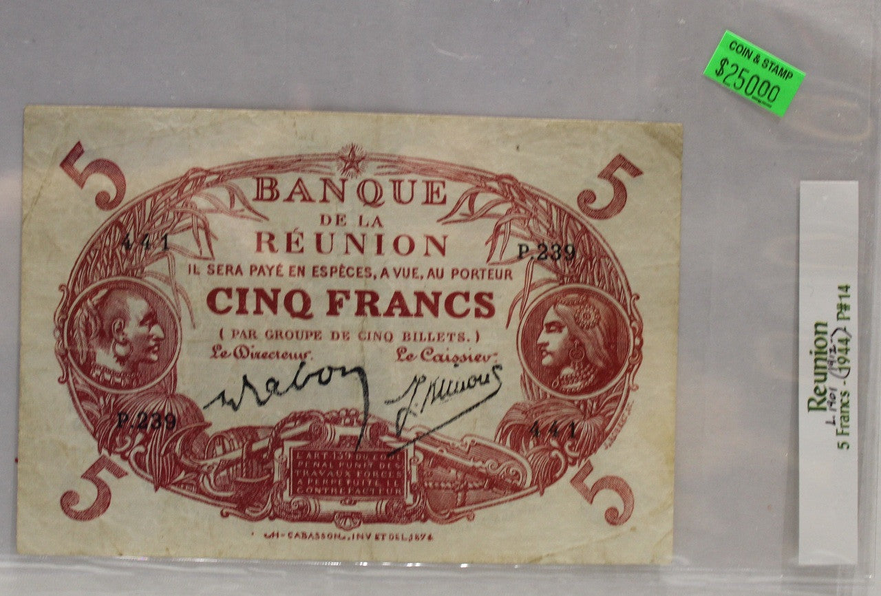 REUNION 5 FRANC BANKNOTE - LEGISLATED 1901 - DATED 1912-1944 - P 14