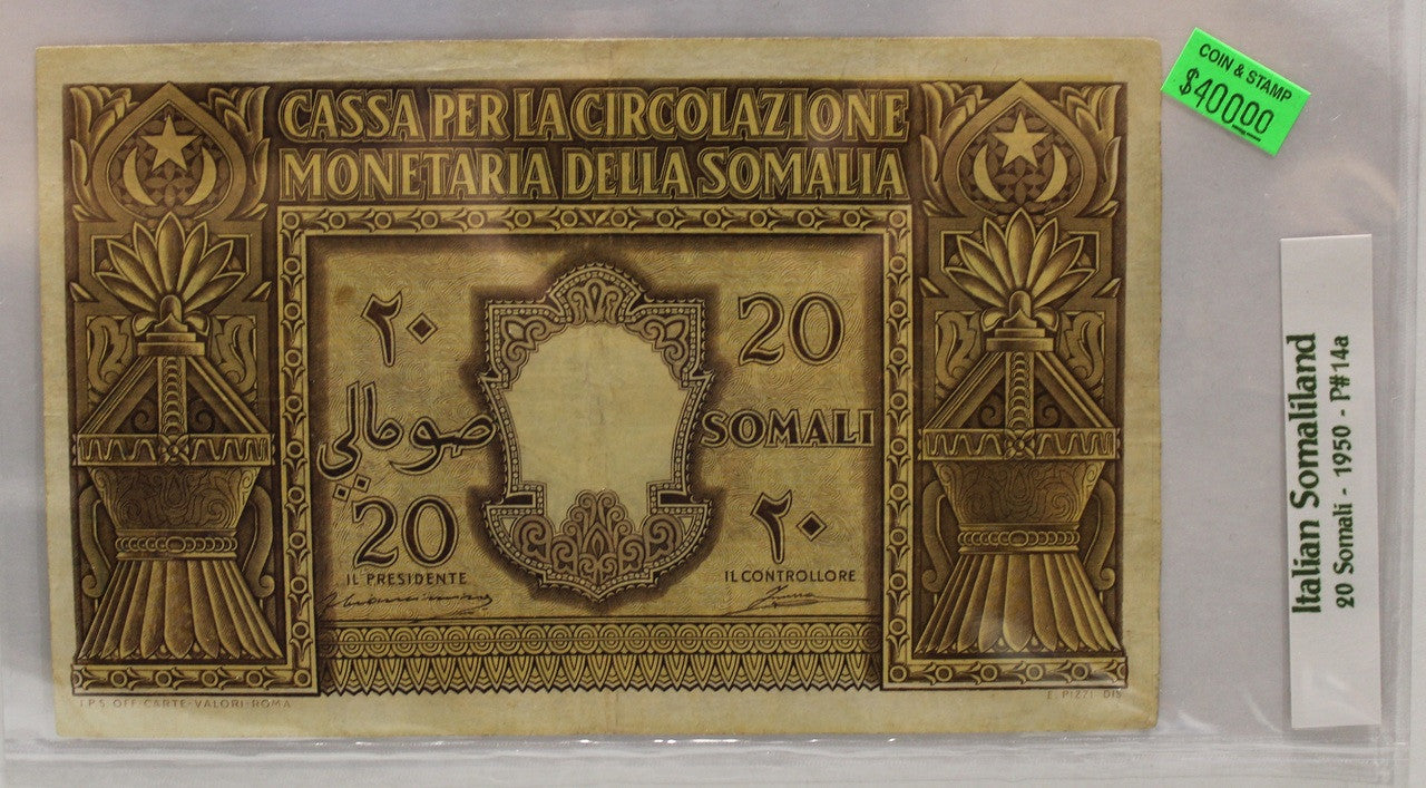ITALIAN SOMALILAND 20 SOMALI BANKNOTE - DATED 1950 - P 14a