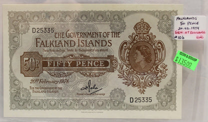 FALKLANDS 50 PENCE BANKNOTE - DATED FEB 20 1974 UNC