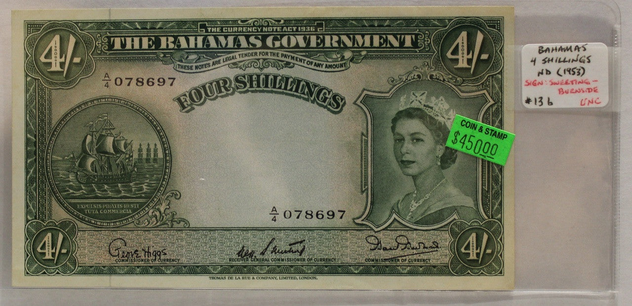 BAHAMAS 4 SHILLING BANKNOTE - NO DATE 1953 - UNC
