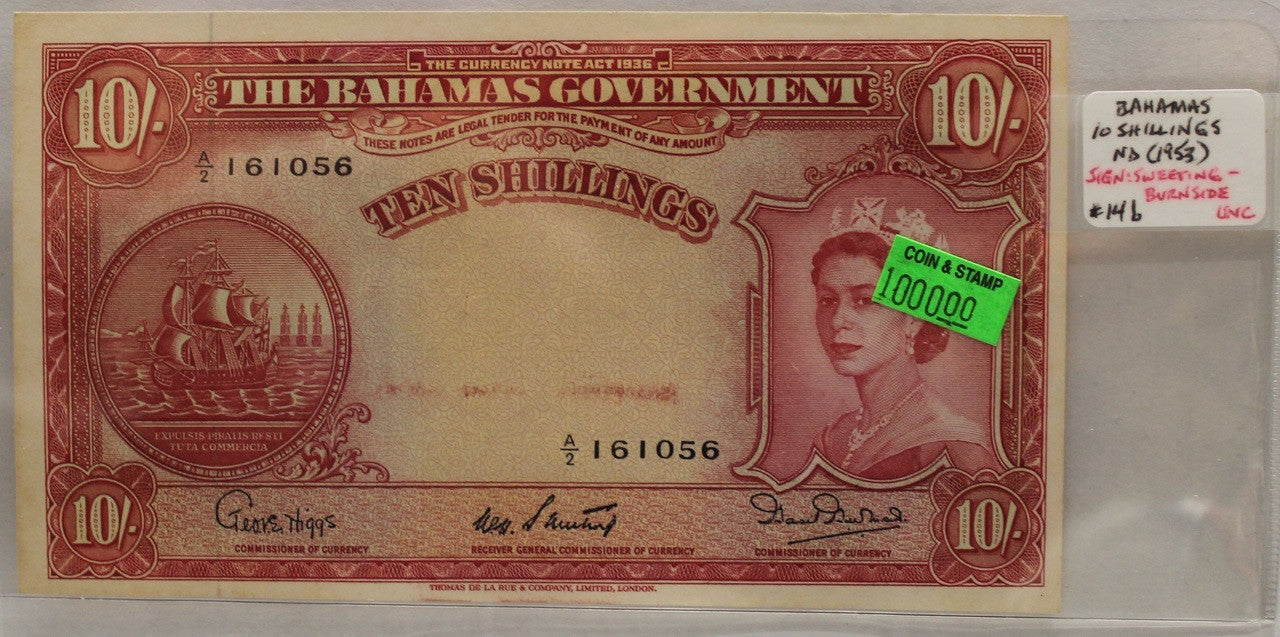 BAHAMAS 10 SHILLING BANKNOTE - NO DATE 1953 - UNC