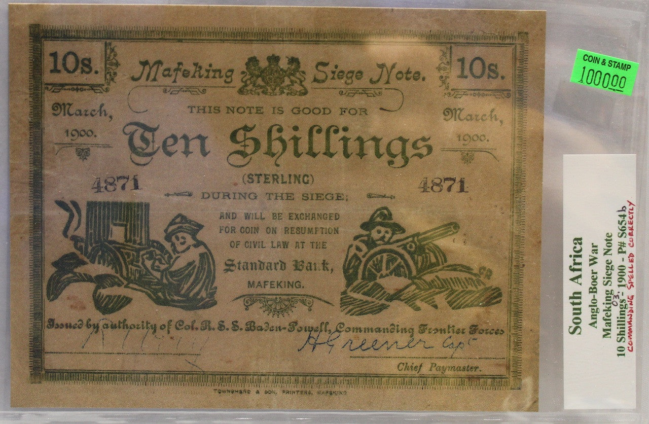 SOUTH AFRICA ANGLO-BOER WAR 10 SHILLING MAFEKING SIEGE NOTE - MARCH 1900