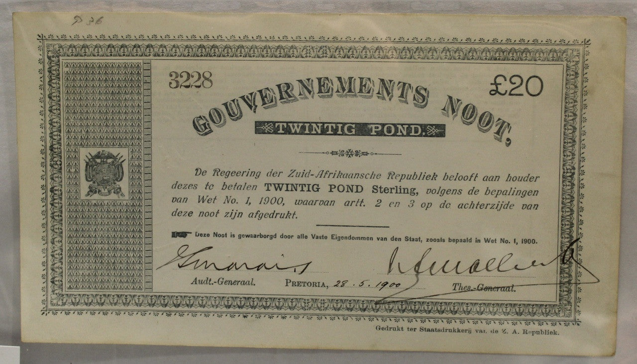 SOUTH AFRICA ANGLO-BOER WAR 20 POUND BANKNOTE - DATED MAY 28 1900