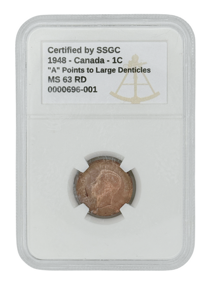 1948 1 CENT CANADA “A” POINTS TO LARGE DENTICLE – MS 63 – GRADED (347-012)