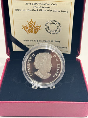 [AUCTION ONLY] 2016 $20 FINE SILVER COIN – THE UNIVERSE (GLOW-IN-THE-DARK GLASS WITH SILVER FUME)
