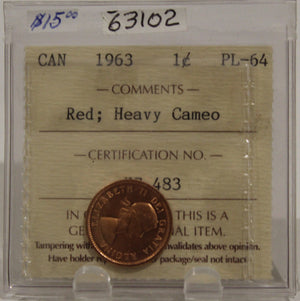 1963 CIRCULATION 1-CENT COIN - RED, HEAVY CAMEO - PL-64