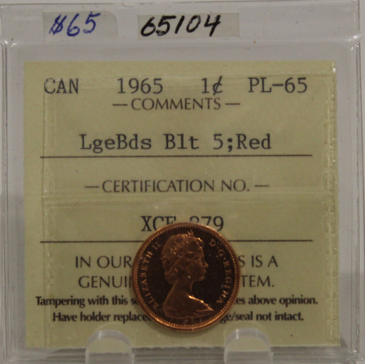 1965 CIRCULATION 1-CENT COIN - RED, LARGE BEADS, BLUNT 5 - PL-65