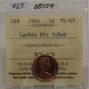1965 CIRCULATION 1-CENT COIN - RED, LARGE BEADS, BLUNT 5 - PL-65
