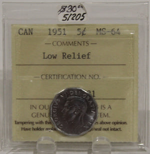 1951 CIRCULATION 5-CENT COIN - LOW RELIEF - MS 64
