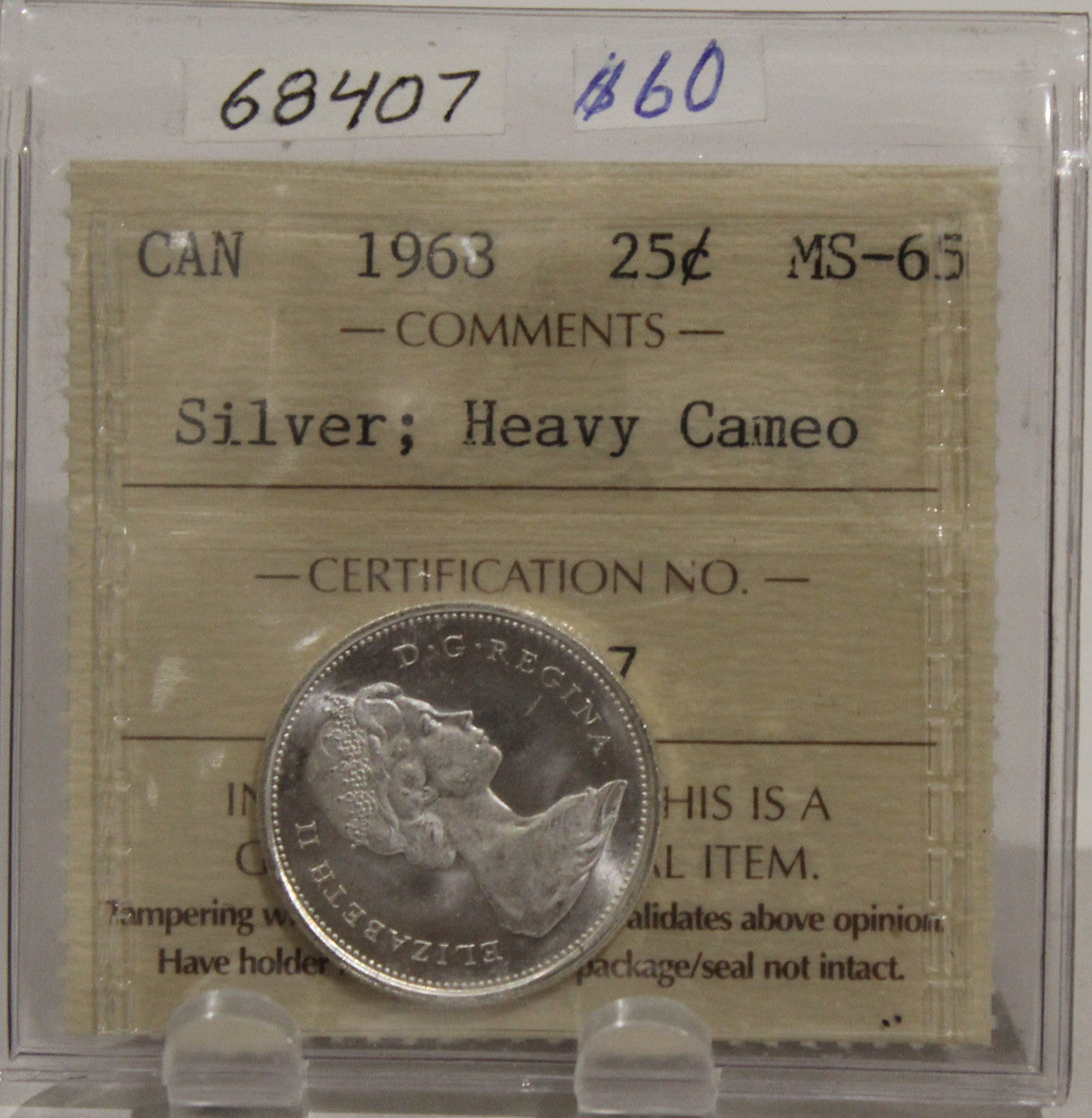 1968 CIRCULATION 25-CENT COIN - SILVER - HEAVY CAMEO - MS65