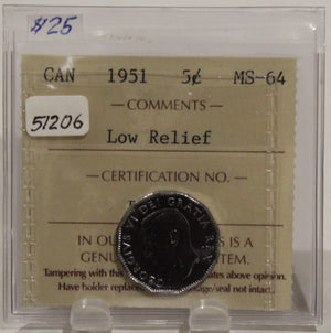 1951 CIRCULATION 5-CENT COIN - LOW RELIEF - MS64