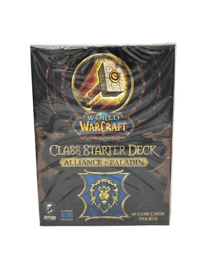 World of Warcraft Class Starter Deck Alliance Paladin, sealed in plastic wrap and photographed on a light gray background.