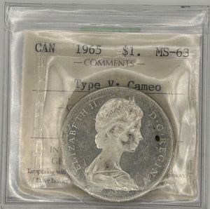 1965 CANADA CIRCULATION SILVER DOLLAR - TYPE V; CAMEO - MS-63 - AS PICTURED