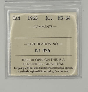 1963 CANADA CIRCULATION SILVER DOLLAR; MS-64 - AS PICTURED