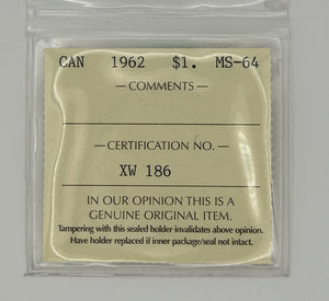 1962 CANADA CIRCULATION SILVER DOLLAR; MS-64 - AS PICTURED