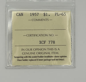 1957 CANADA CIRCULATION SILVER DOLLAR; PL-65 - AS PICTURED
