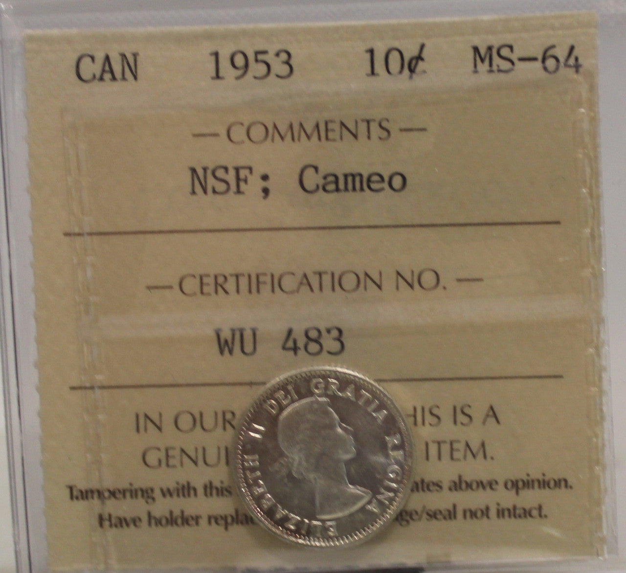 1953 CIRCULATION 10-CENT COIN - NSF, CAMEO - MS64
