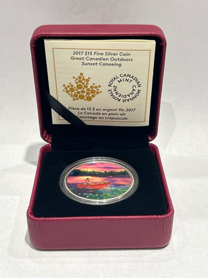 [AUCTION ONLY] 2017 $15 GREAT CANADIAN OUTDOORS SUNSET CANOEING FINE SILVER COIN
