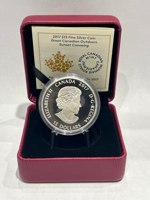 [AUCTION ONLY] 2017 $15 GREAT CANADIAN OUTDOORS SUNSET CANOEING FINE SILVER COIN