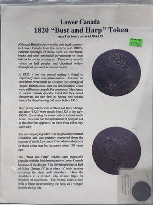 1820 LOWER CANADA: "BUST AND HARP" TOKEN (UNCIRCULATED)
