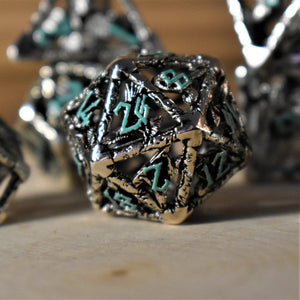 LEGENDS OF VALHALLA - SILVER AND BLUE HOLLOW METAL DICE SET