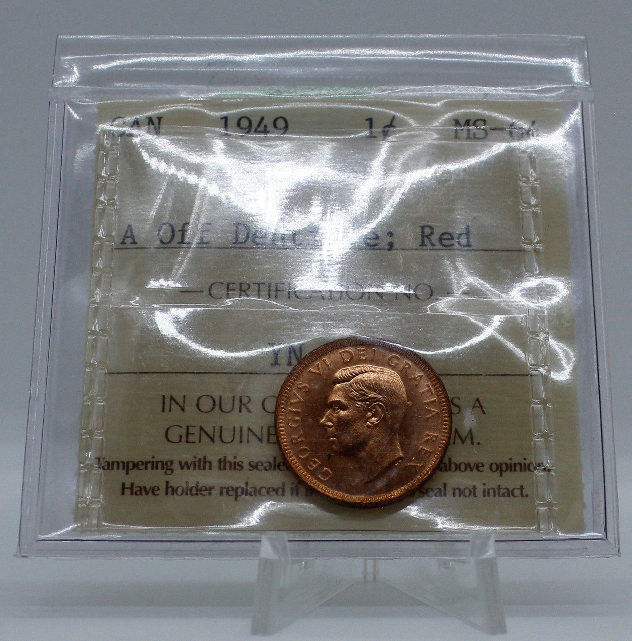 1949 CANADA CIRCULATION 1-CENT MS-64 A OFF DENTICLE; RED