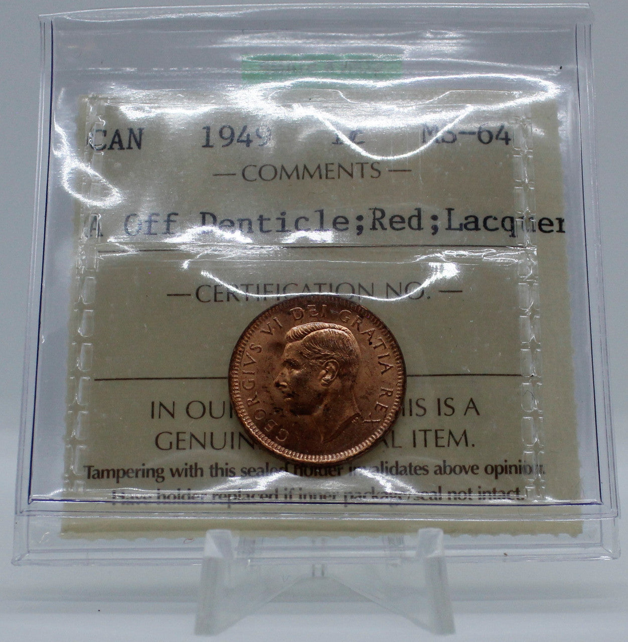 1949 CANADA CIRCULATION 1-CENT MS-64 A OFF DENTICLE; RED; LACQUER