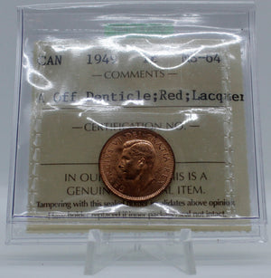 1949 CANADA CIRCULATION 1-CENT MS-64 A OFF DENTICLE; RED; LACQUER