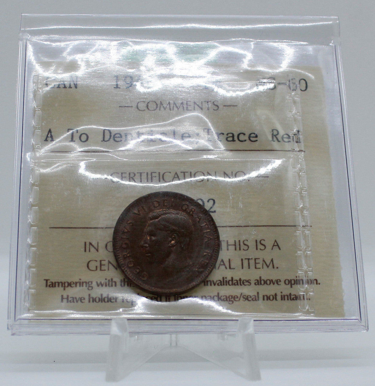 1949 CANADA CIRCULATION 1-CENT MS-60 A TO DENTICLE; TRACE RED
