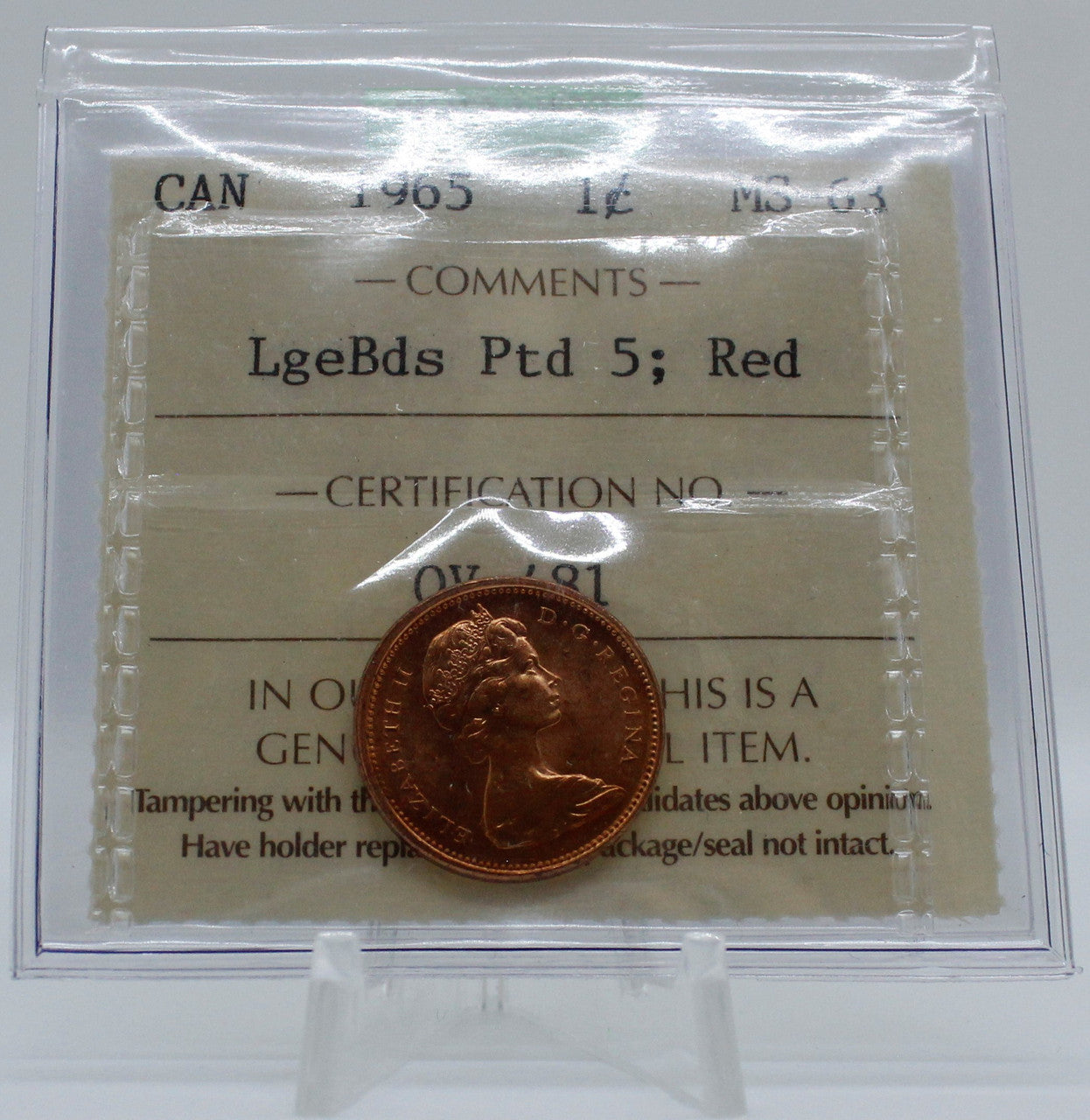 1965 CANADA CIRCULATION 1-CENT MS-63 LGEBDS PTD 5; RED