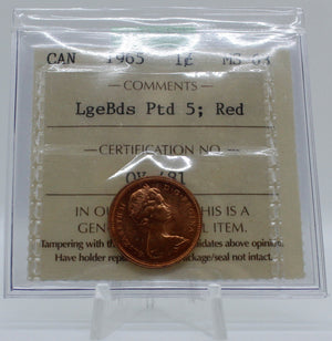 1965 CANADA CIRCULATION 1-CENT MS-63 LGEBDS PTD 5; RED