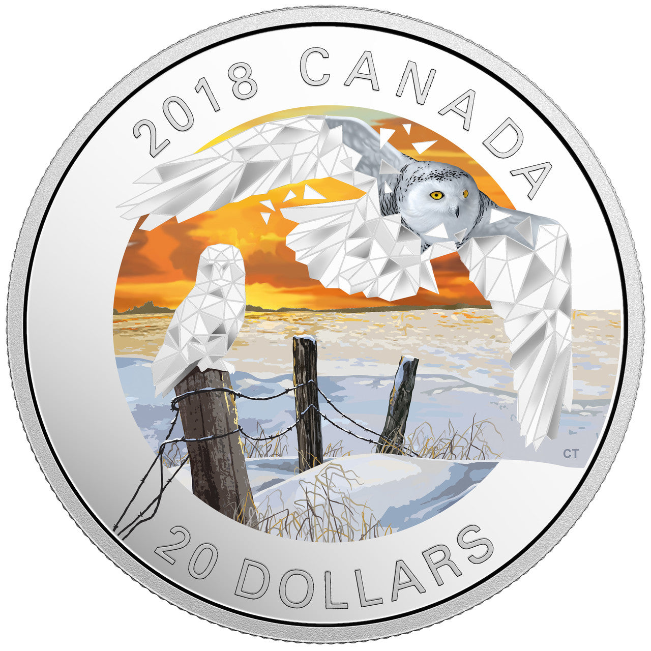 2018 1oz $20 GEOMETRIC FAUNA SERIES: SNOWY OWLS FINE SILVER COIN