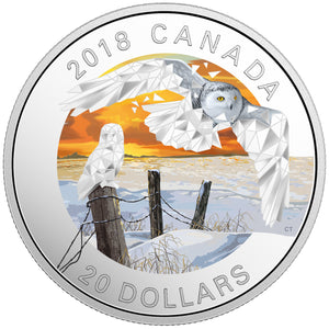 2018 1oz $20 GEOMETRIC FAUNA SERIES: SNOWY OWLS FINE SILVER COIN