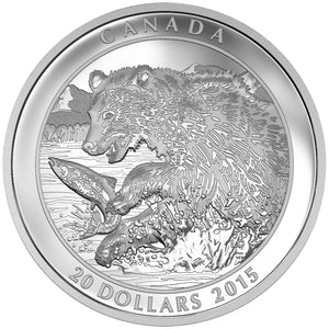 2015 1oz $20 GRIZZLY BEAR: THE CATCH FINE SILVER COIN