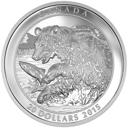 2015 1oz $20 GRIZZLY BEAR: THE CATCH FINE SILVER COIN
