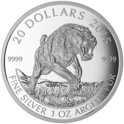 2015 1oz $20 PREHISTORIC ANIMALS - AMERICAN SCIMITAR SABRE-TOOTH CAT FINE SILVER COIN