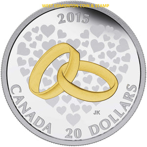 2015 1oz $20 WEDDING - GOLD PLATED WEDDING RINGS FINE SILVER COIN (NO BEAUTY BOX)