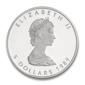 1989 1oz $5 COMMEMORATIVE MAPLE LEAF ISSUE FINE SILVER COIN