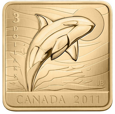 2011 $3 SQUARE SHAPED GOLD PLATED SILVER COIN - ORCA WHALE - WILDLIFE CONSERVATION