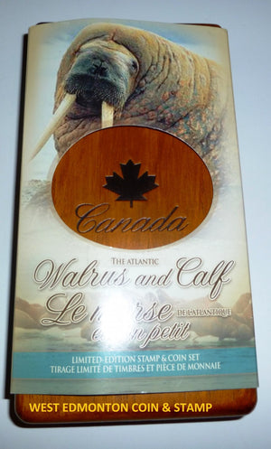 2005 $5 WALRUS AND CALF FINE SILVER COIN AND STAMP SET