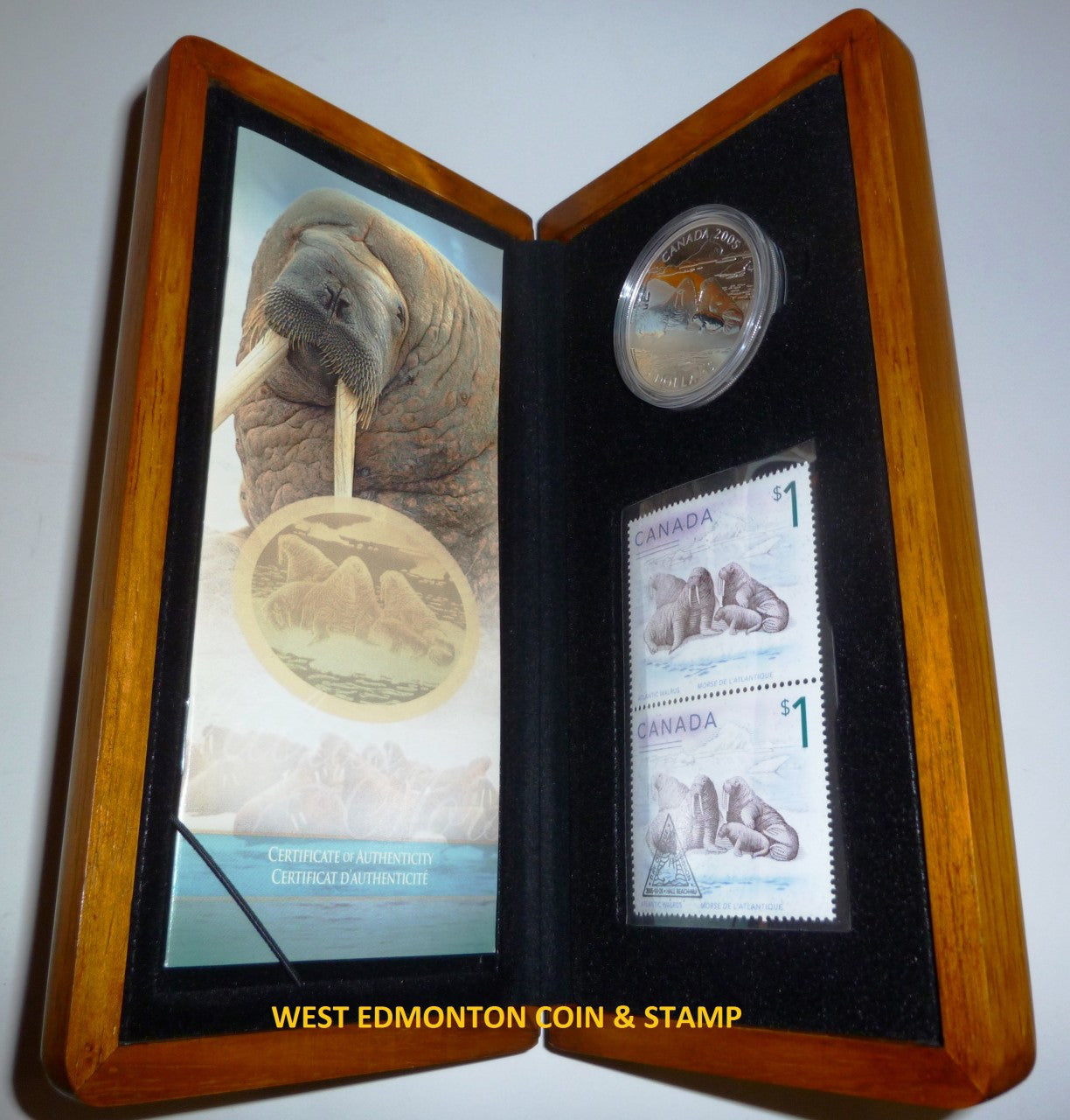 2005 $5 WALRUS AND CALF FINE SILVER COIN AND STAMP SET