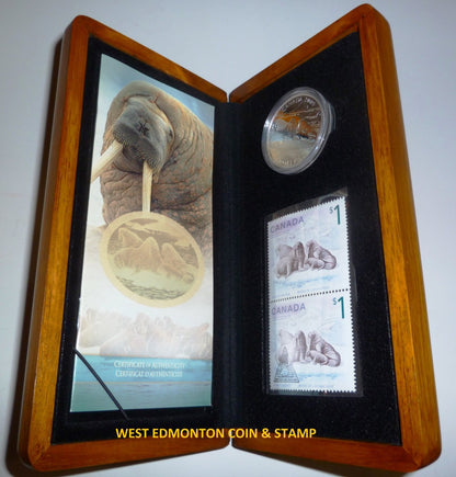 2005 $5 WALRUS AND CALF FINE SILVER COIN AND STAMP SET