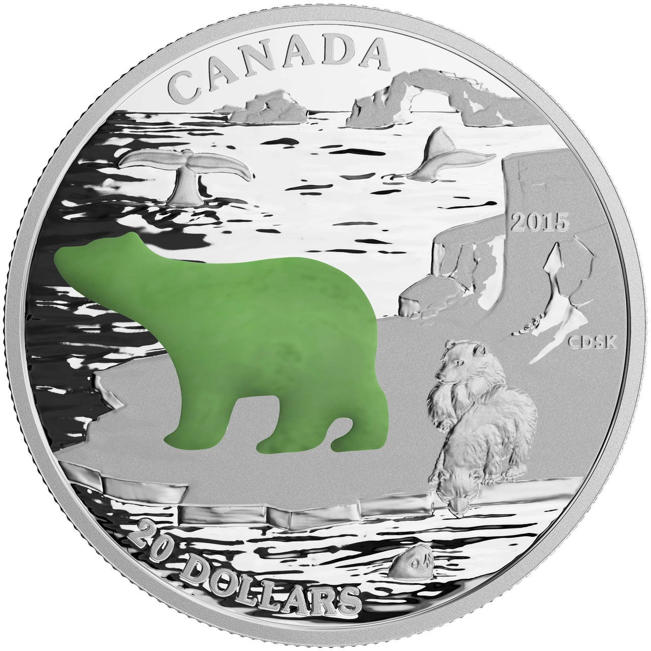 2015 1oz $20 CANADIAN ICONS - JADE POLAR BEAR  FINE SILVER COIN