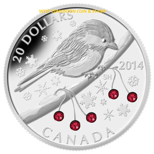 2014 1oz $20 CHICKADEE WITH WINTER BERRIES FINE SILVER COIN