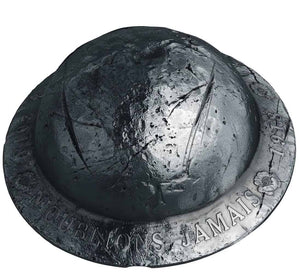 E-TRANSFER ONLY - 2018 1.5oz $25 LEST WE FORGET - MILITARY HELMET SHAPED FINE SILVER COIN