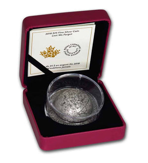 E-TRANSFER ONLY - 2018 1.5oz $25 LEST WE FORGET - MILITARY HELMET SHAPED FINE SILVER COIN
